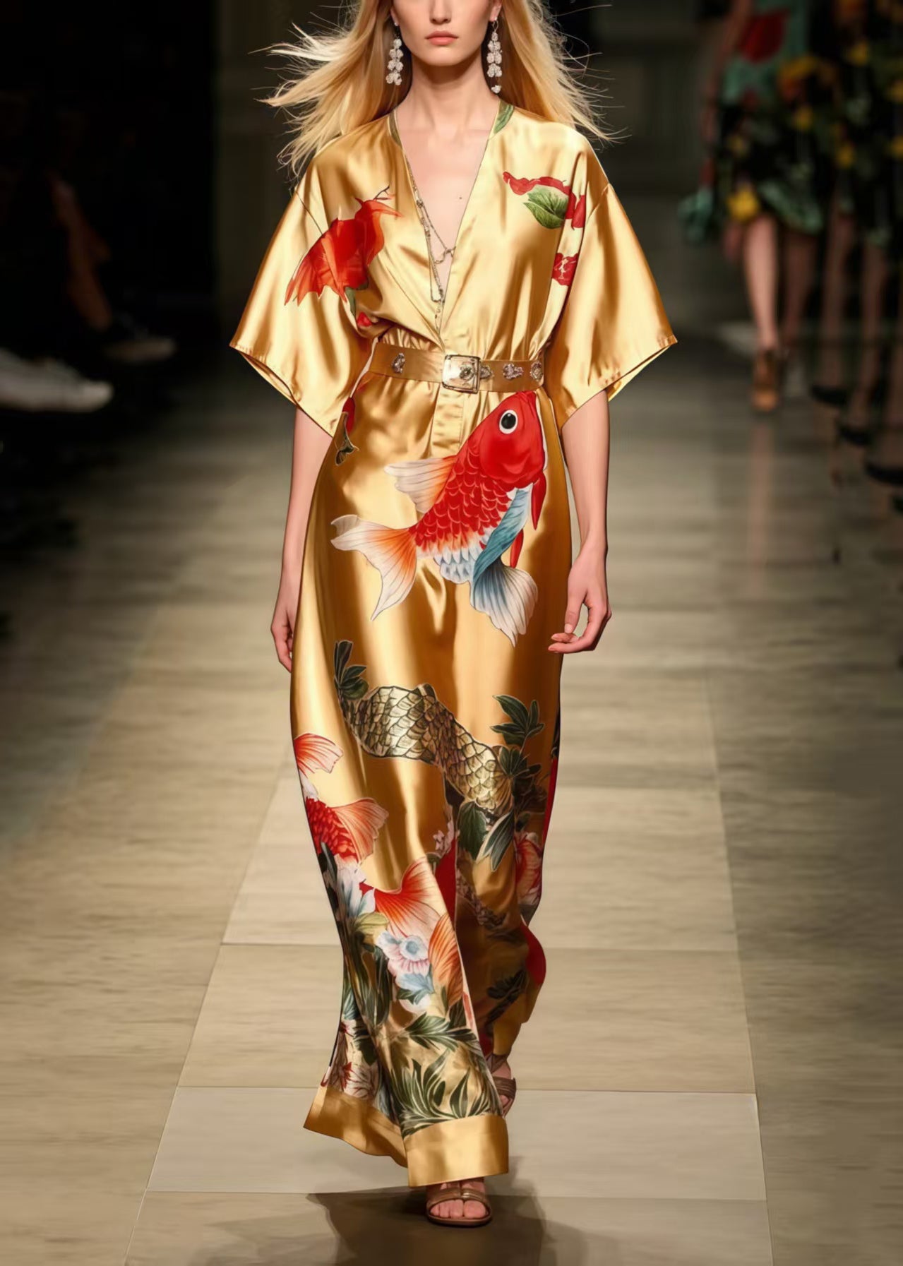 Golden Koi Fish Print Silk Tunic Dress Summer