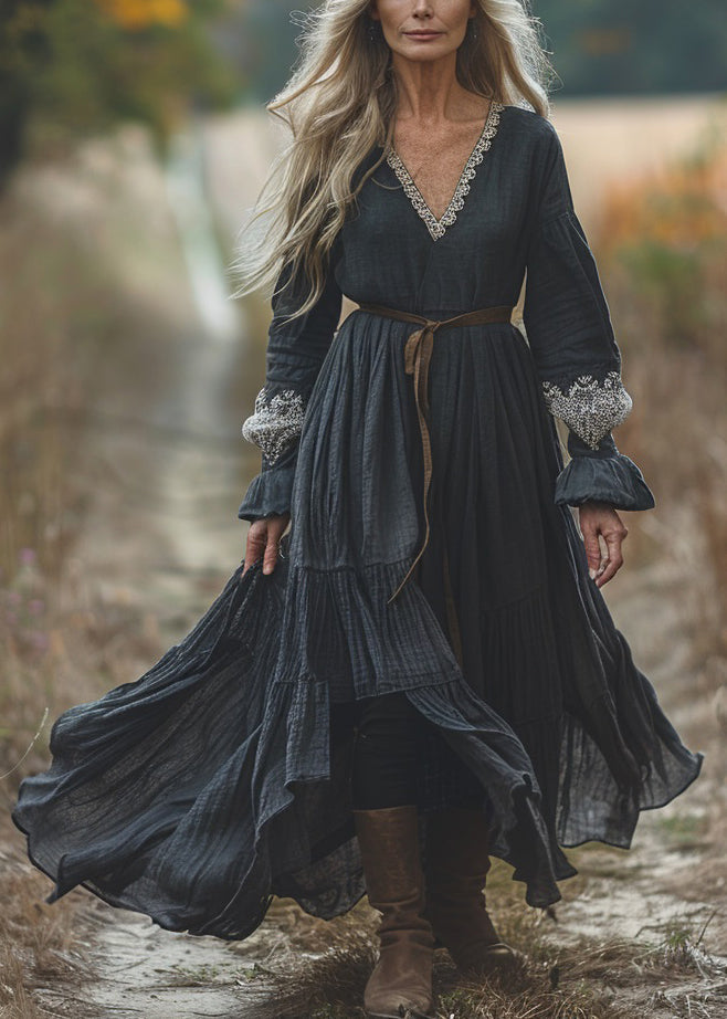 Black V Neck Lace Patchwork Cotton Dresses Spring