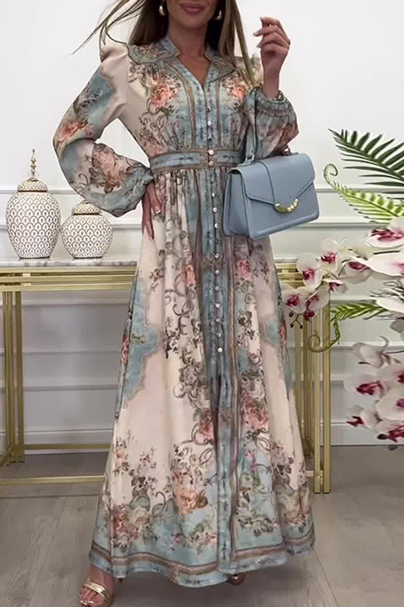 Print Buckle V Neck a Line Dresses