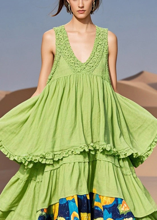 Grass Green Ruffled Patchwork Cotton Dress Summer