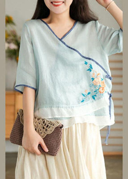Style Yellow Embroidered Asymmetrical Design Ramie Summer Blouses