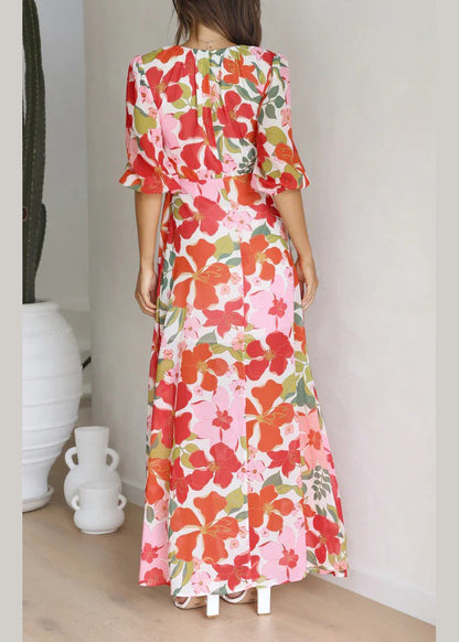 Stylish Red V Neck Print Side Open Cotton Dress Summer