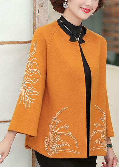 Classy Orange O-neck Embroideried Nail Bead Woolen Cardigan Long Sleeve