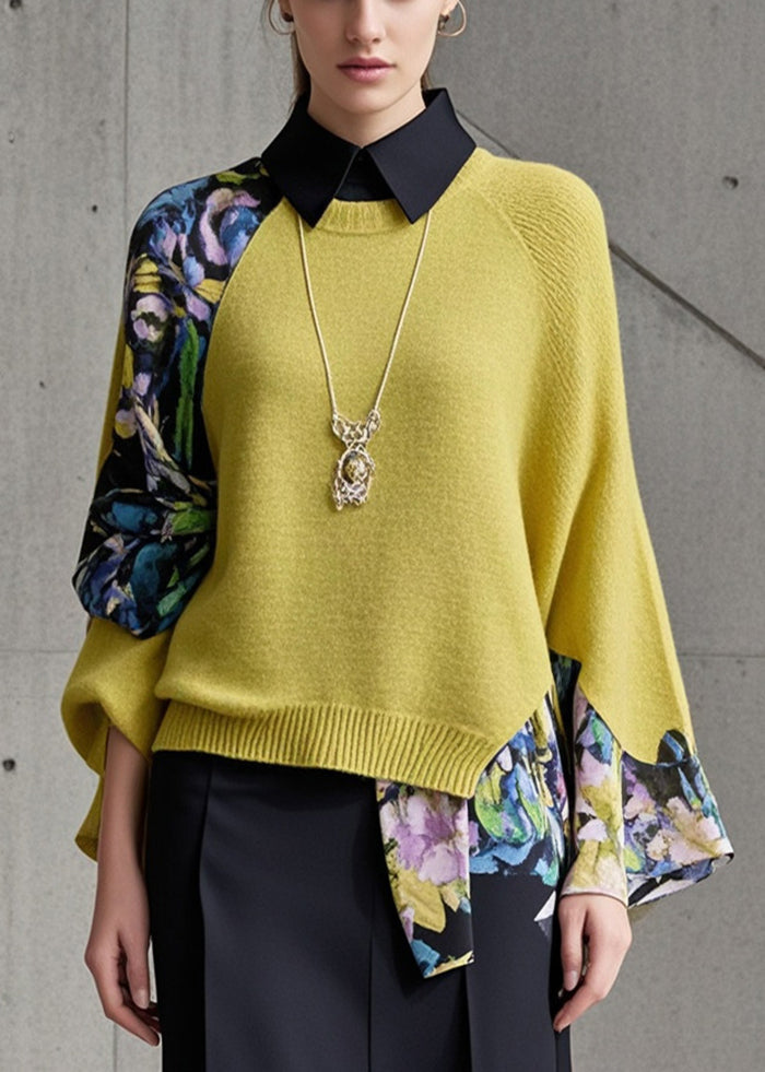 Yellow Asymmetrical Patchwork Fake Two Piece Knit Shirts Fall