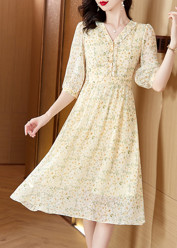 Light Yellow V Neck Print Chiffon Dresses Summer