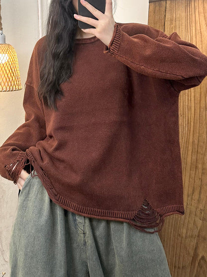 Autumn Retro O-neck Frayed Knit Sweater