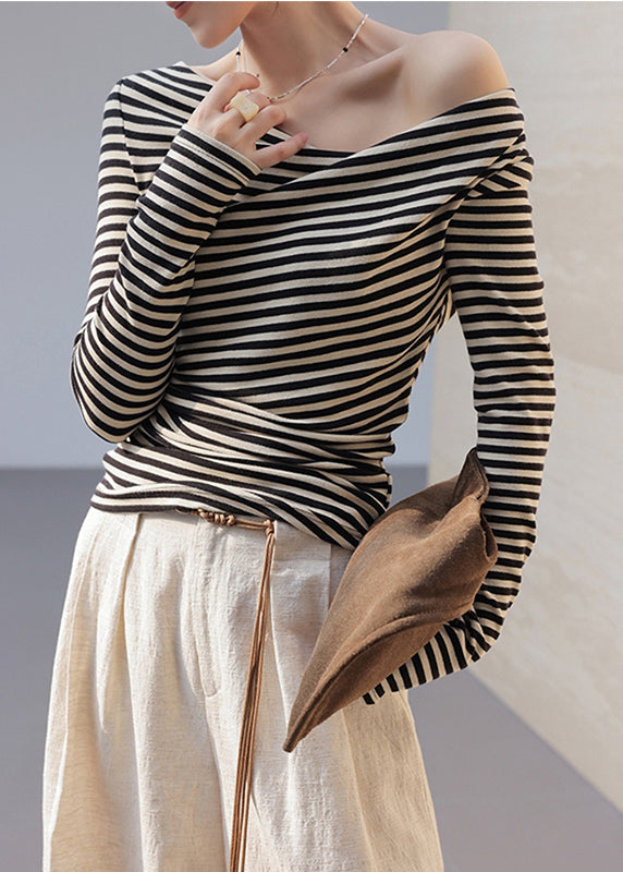 Black Cold Shoulder Striped Cotton Shirt Tops Fall