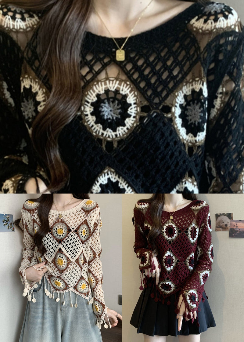 Apricot Hollow Out Knit T Shirt Fall
