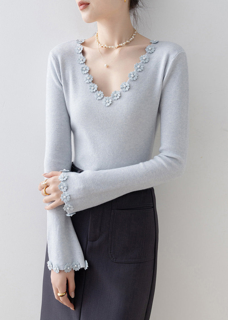 Italian Light Blue V Neck Knit Sweater Flare Sleeve