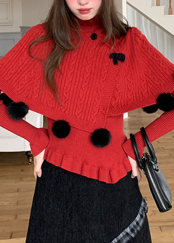 French Red Fuzzy Ball Decorated Cotton Knit Cloak and Sweaters Two-piece Set Fall