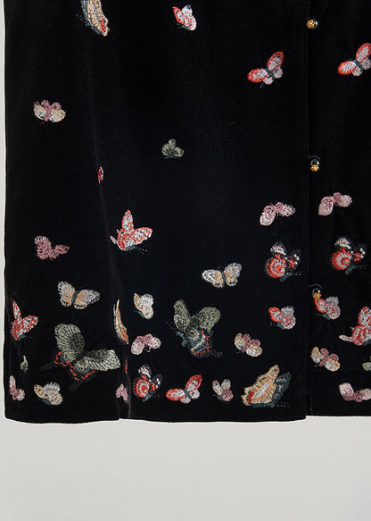 Modern Black Embroidered Butterfly Silk Velvet Vest Fall