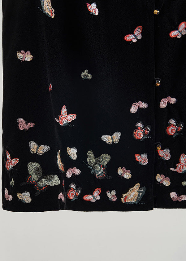 Modern Black Embroidered Butterfly Silk Velvet Vest Fall