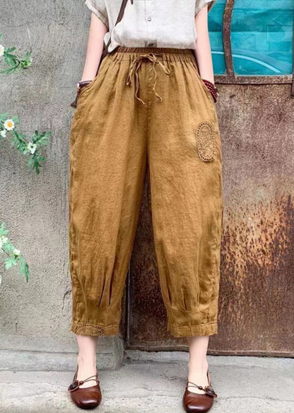 Linen Lace Up Elastic Waist Linen Crop Pants Summer