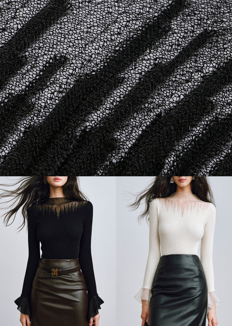 Black O-neck Tulle Patchwork Knitting Cotton Tops Fall