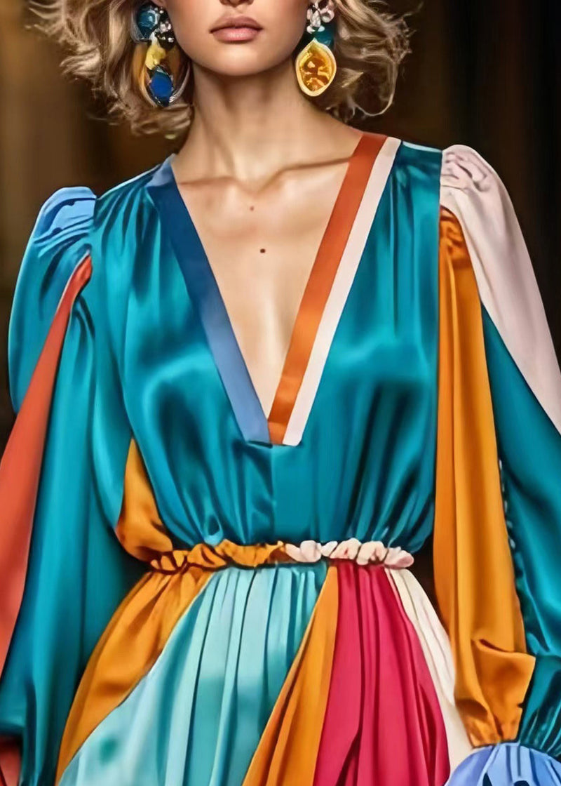 Peacock Green V Neck Patchwork Silk Vacation Dresses Spring