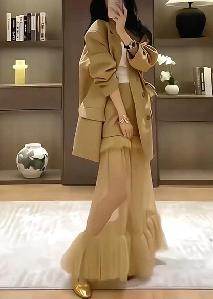 Stylish Khaki Suit Coat and Skirts Two Pieces Set Spring