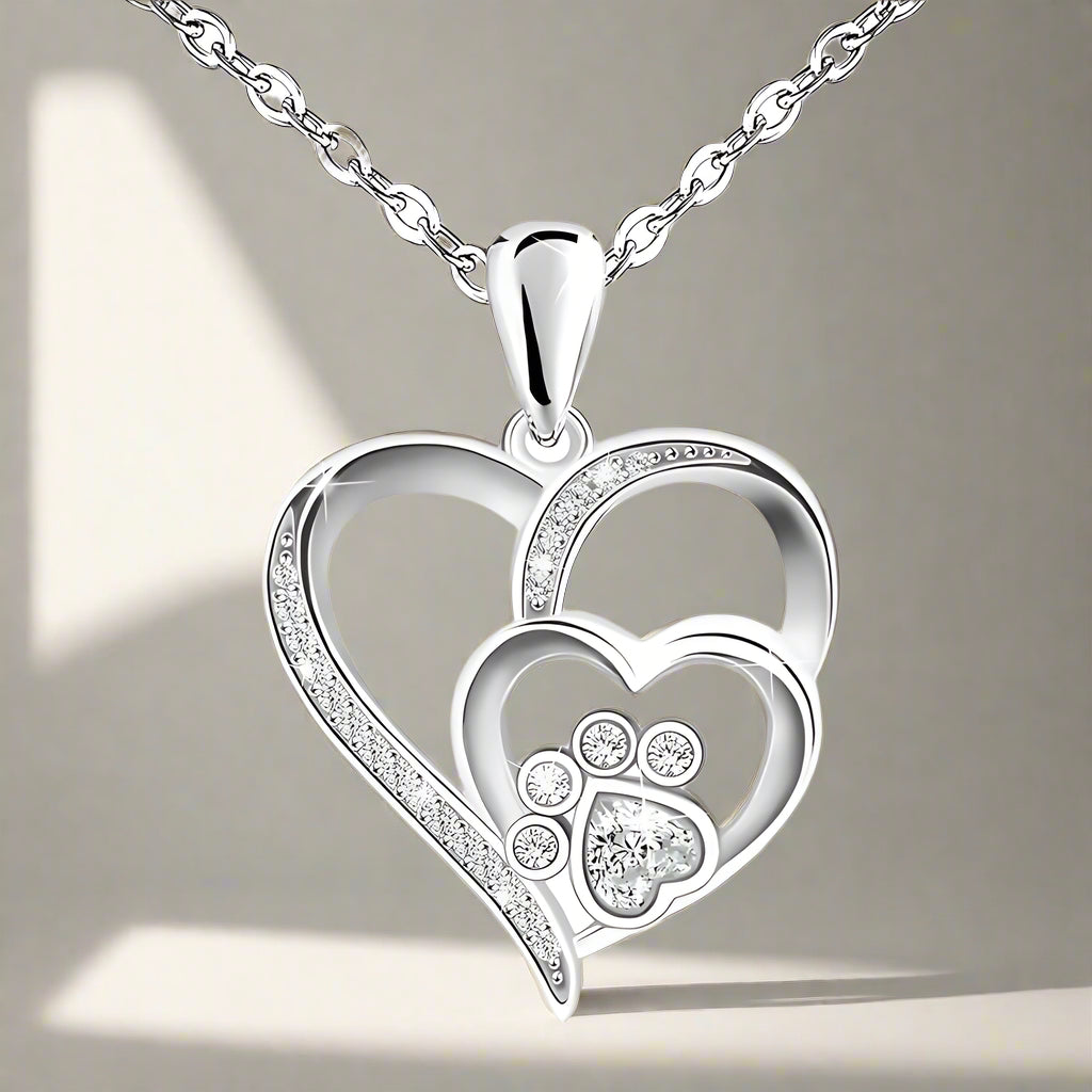 Sterling Silver Paw & Heart Necklace With Zirconia