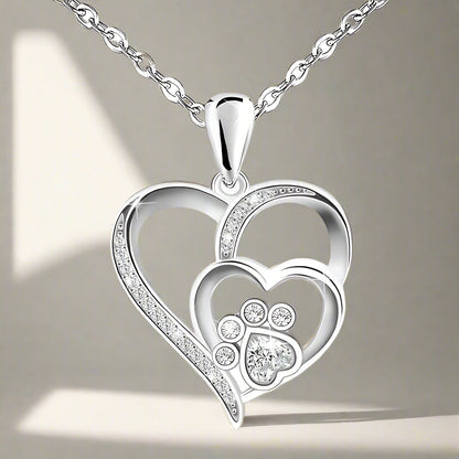 Sterling Silver Paw & Heart Necklace With Zirconia