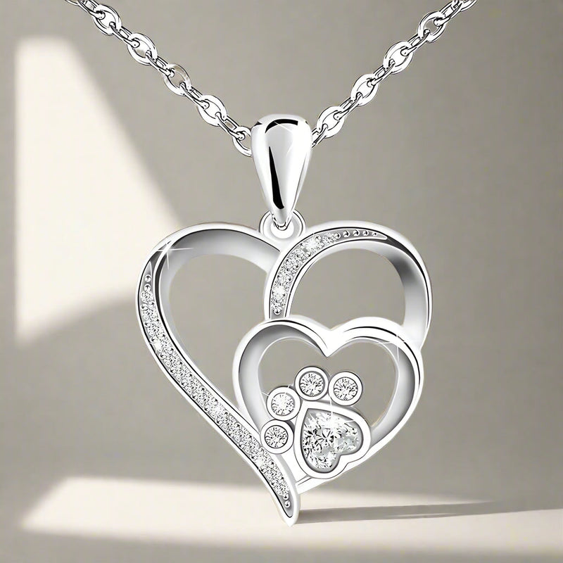 Sterling Silver Paw & Heart Necklace With Zirconia
