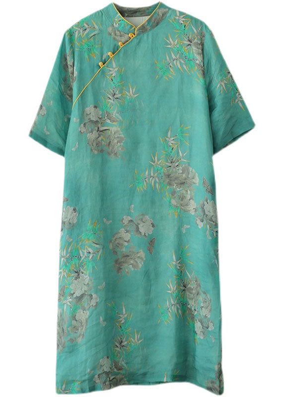 Green Stand Collar Print Cotton Cheongsam Dress Short Sleeve