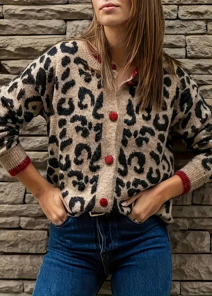 Style Leopard O Neck Button Knit Loose Coat Fall