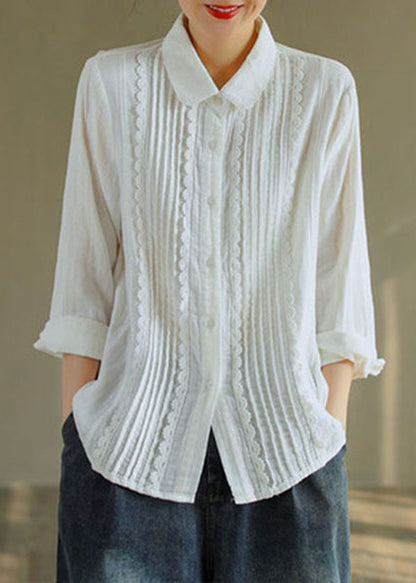 White Peter Pan Collar Lace Patchwork Wrinkled Cotton Shirt Top Spring