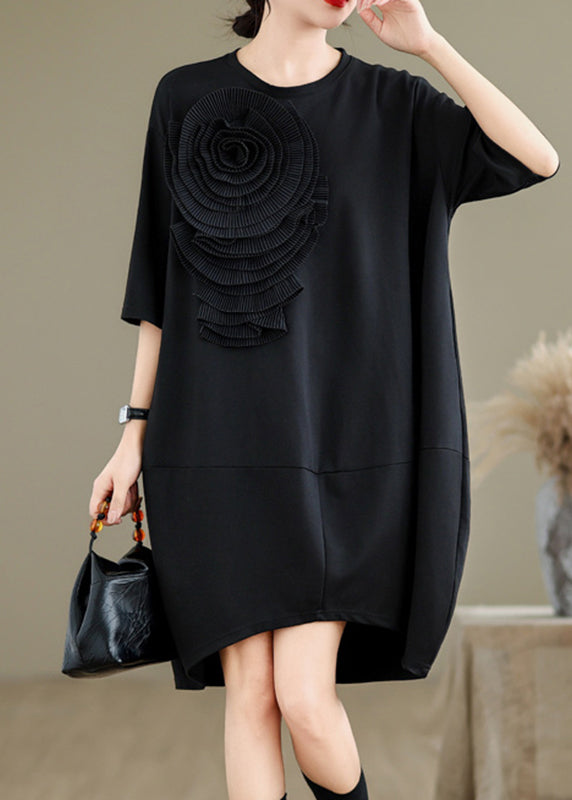 French Black O-neck Wrinkled Long Dresses Summer