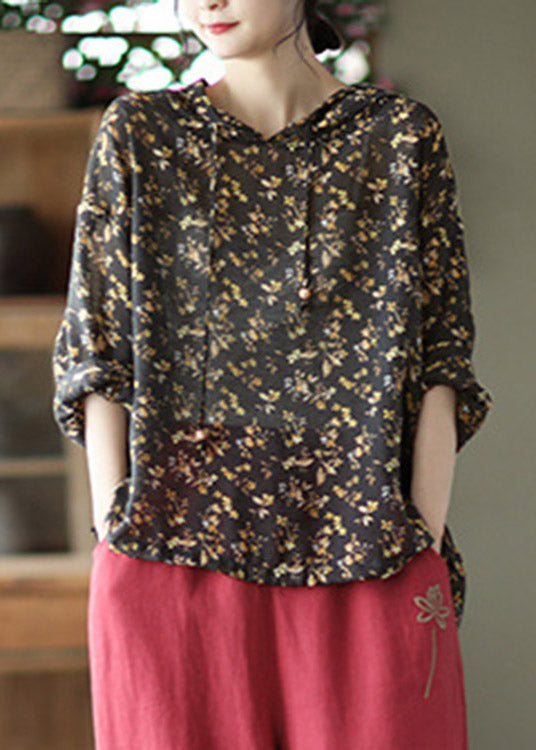 Black Peter Pan Collar Print Linen Hooded Shirt Long Sleeve
