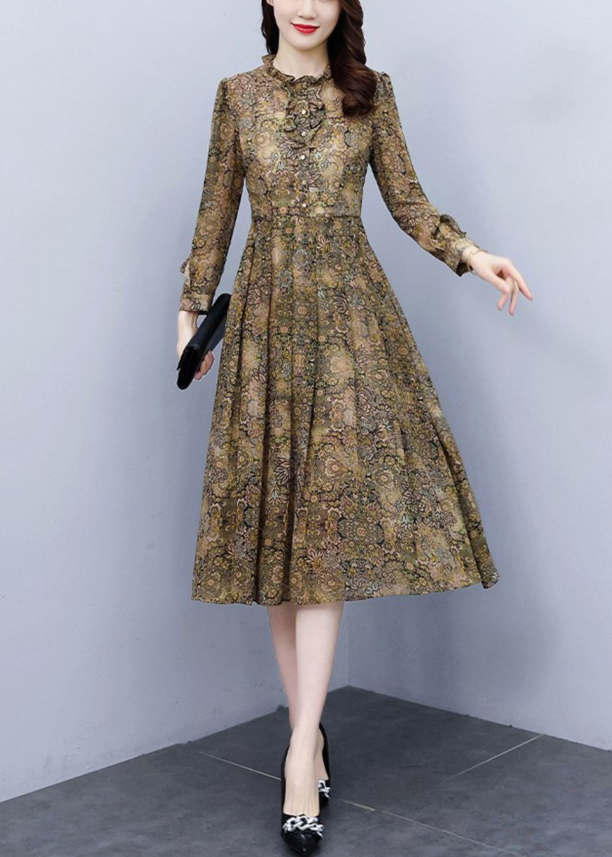Ruffled Print High Waist Chiffon Dress Long Sleeve