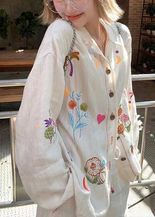 New White Embroidered Tops and Shorts Linen Two Piece Suit Set Summer
