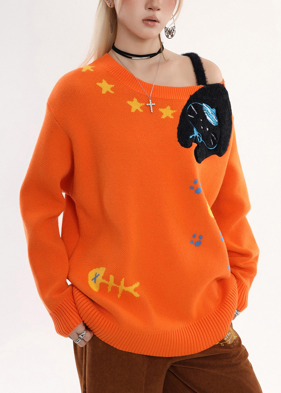 Orange Embroidered Cold Shoulder Knit Sweater Winter