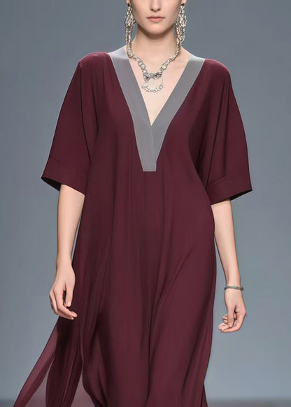 Mulberry V Neck Patchwork Chiffon Long Dress Summer