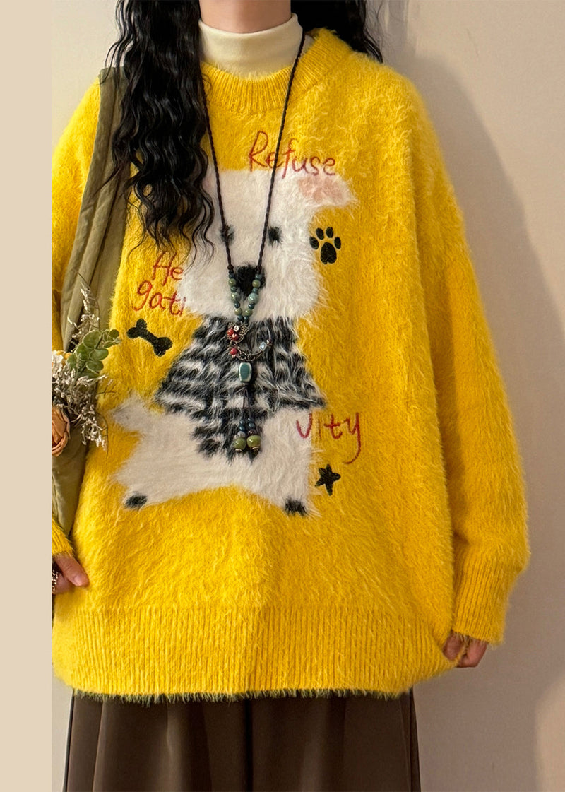 New Yellow Animal Jacquard Mink Hair Knitted Sweater Spring