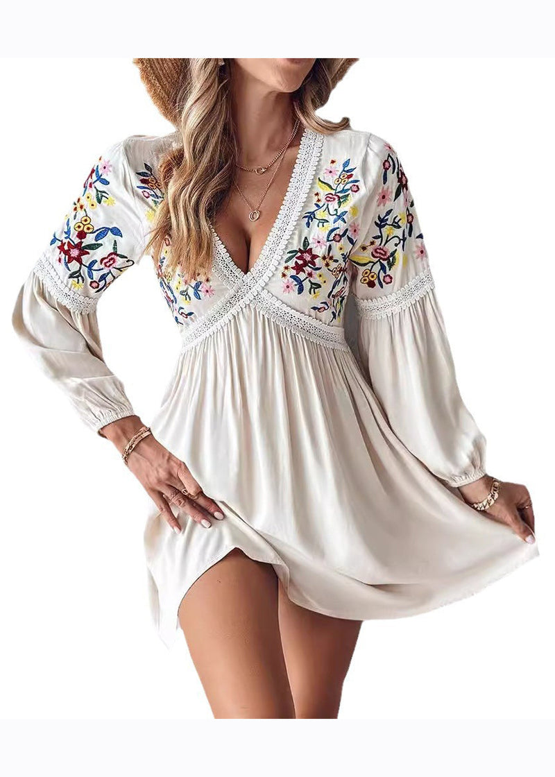Style Apricot Embroidered Cotton Mid Dress Long Sleeve