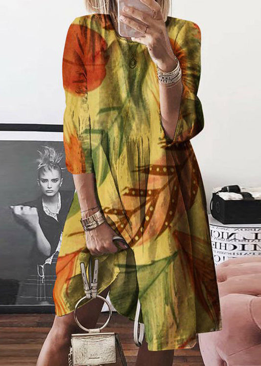 Yellow O Neck Print Cotton Mid Dress Summer