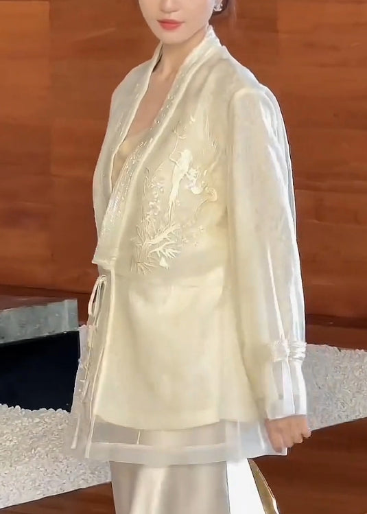 Beige V Neck Embroidered Lace Up Silk Cardigan Spring