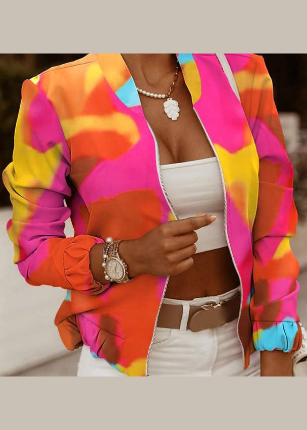 Red Zip Up Print Short Coat Long Sleeve
