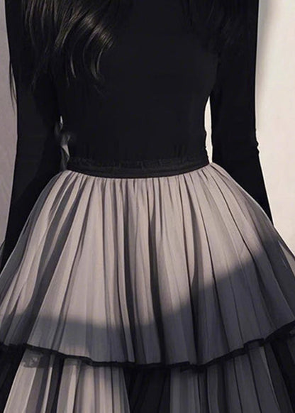 Handmade Black Tulle Patchwork Wrinkled Long Dress Spring