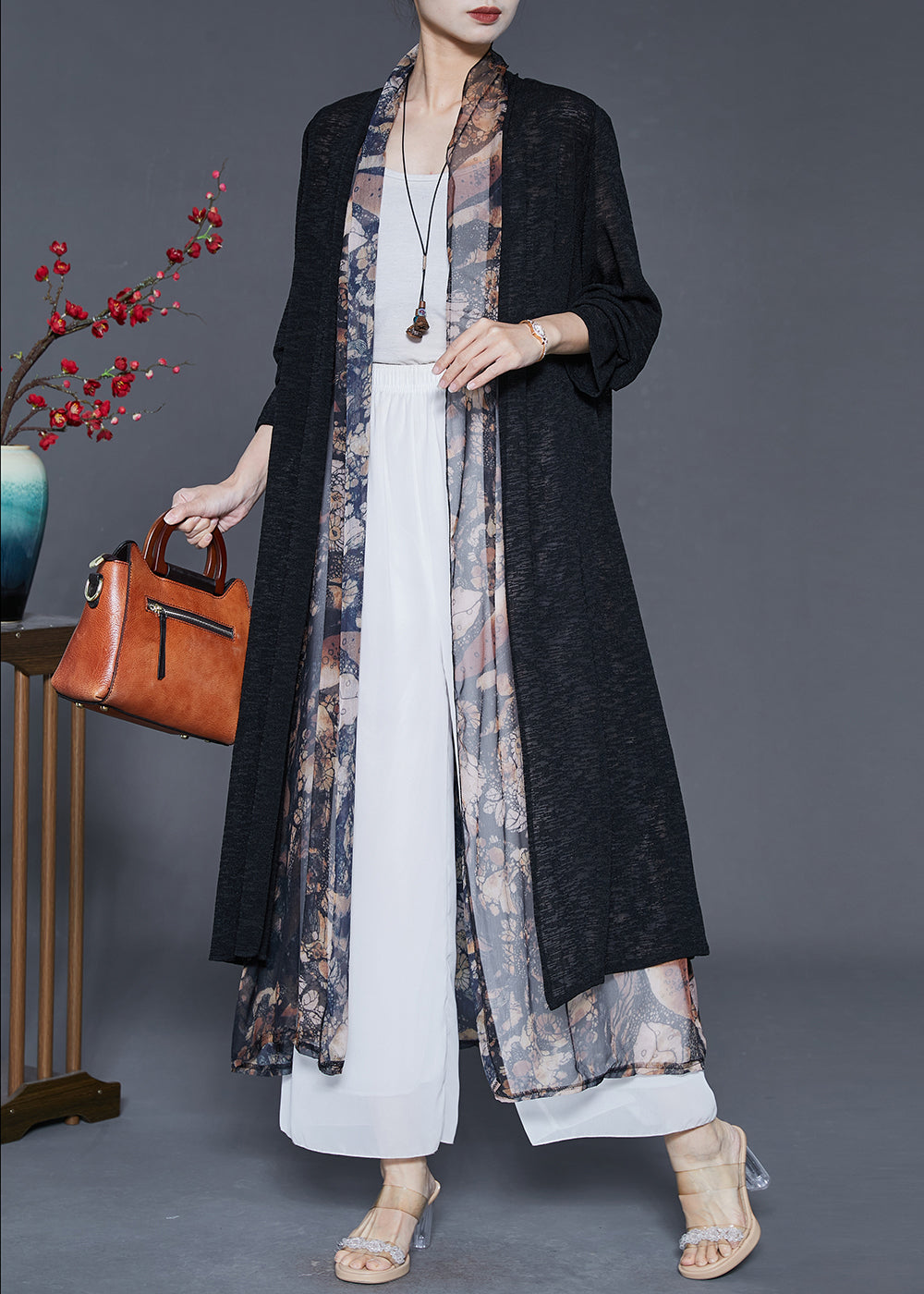 Black Oversized Patchwork Silk Long Cardigan Summer
