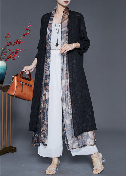 Black Oversized Patchwork Silk Long Cardigan Summer