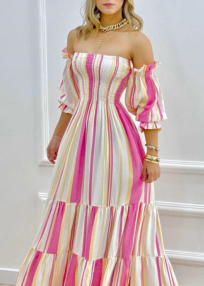 European and American Striped Cold Shoulder Lantern Sleeve Dress