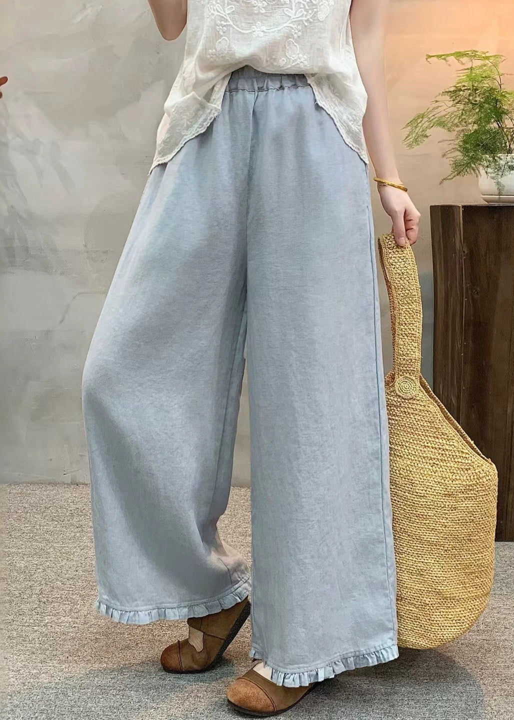 Light Blue Linen Wide Leg Pants Ruffled Summer