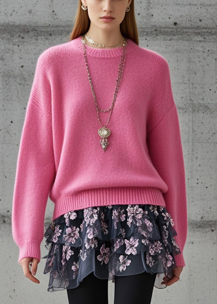 Art Rose O-neck Thick Knit Shirts Fall