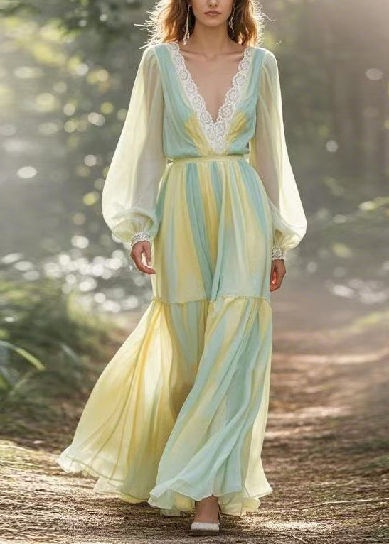 V Neck Lace Wrinkled Patchwork Chiffon Dresses Spring