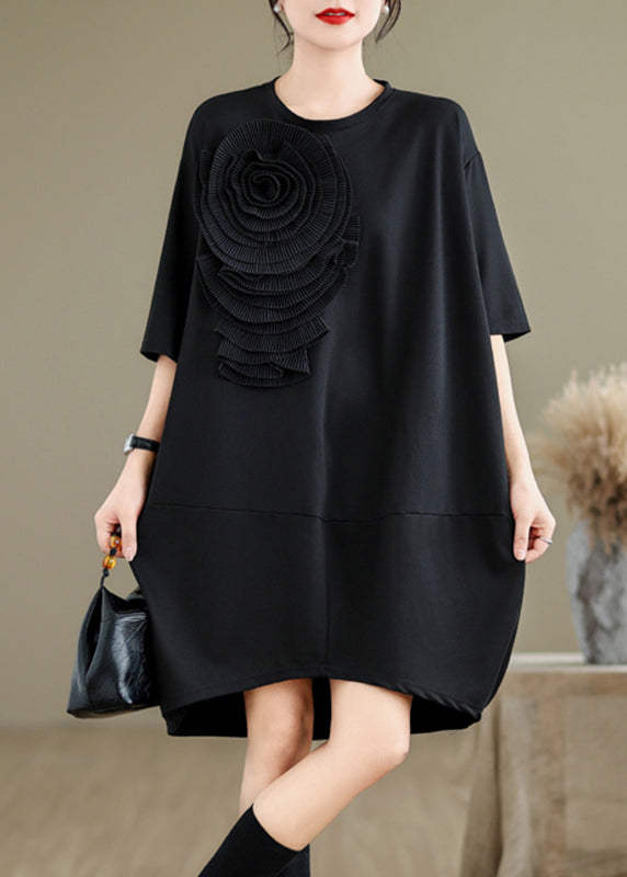 French Black O-neck Wrinkled Long Dresses Summer