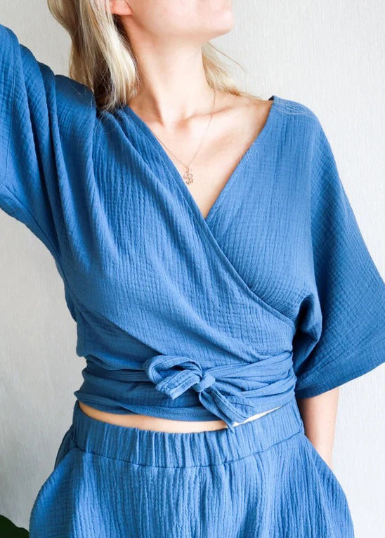 Style Blue V Neck Lace Up Cotton Shirt Top Summer