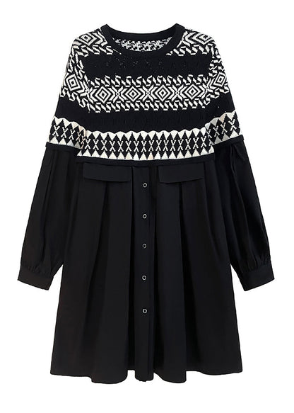 Black O Neck Knit Patchwork Cotton Dresses Fall