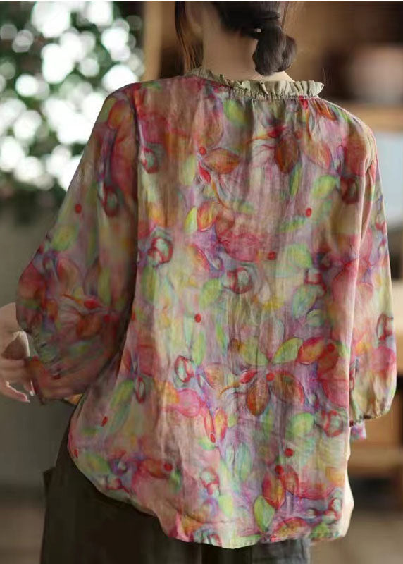 Pink-print4 V Neck Ruffled Print Linen Blouse Top Half Sleeve