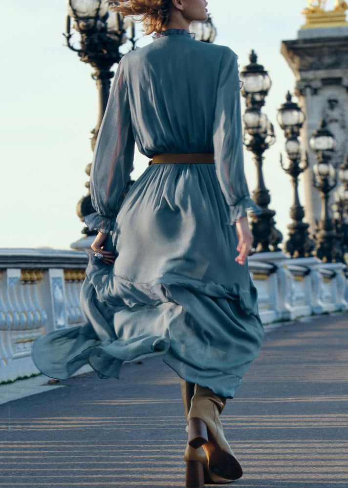 New Blue Ruffled Sashes Chiffon Long Dresses Fall