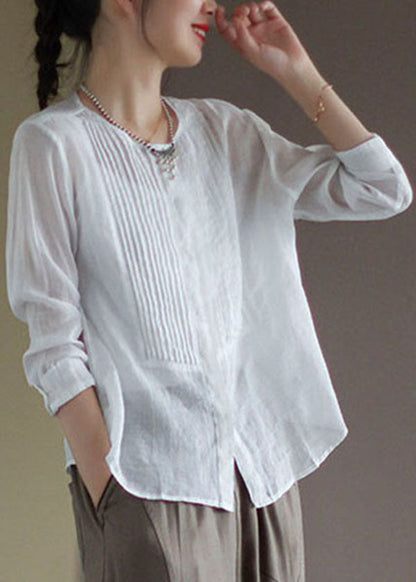 White O-neck Linen Shirt Tops Long Sleeve
